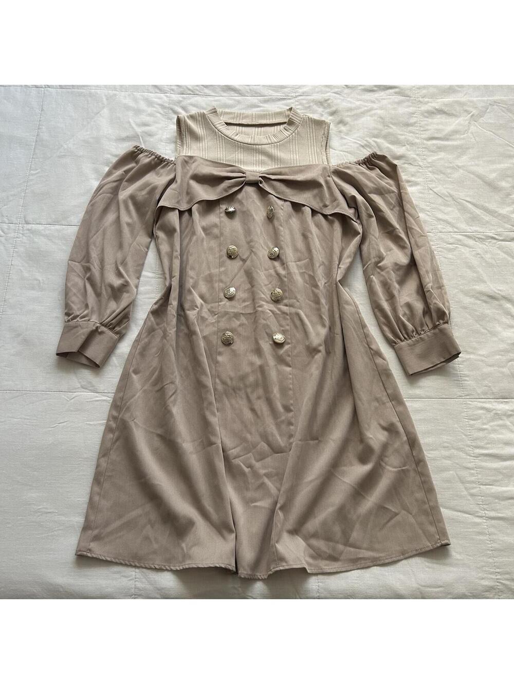 Axes Femme Taupe Cold Shoulder Bow Double Breasted Dress Medium Japan